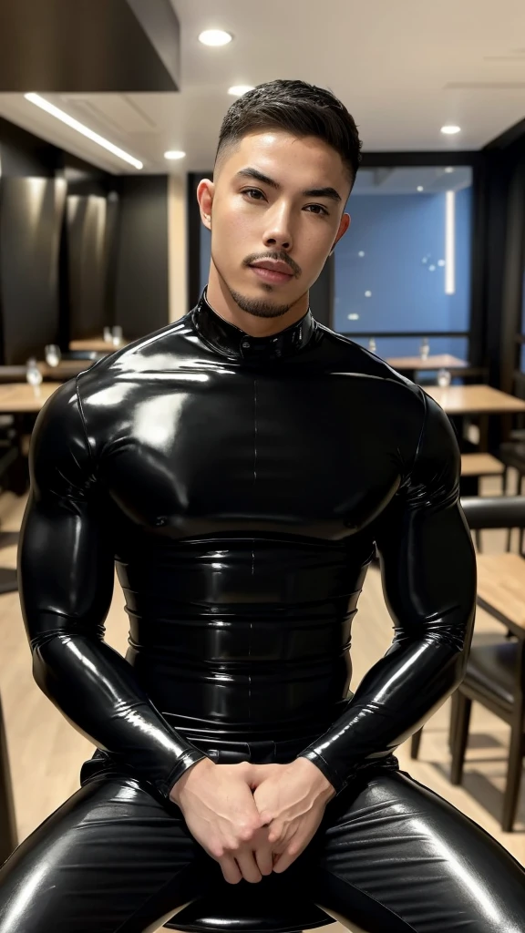 Tony Labrusca, young people, Latex, black tight shirt, studio, matures,Portrait, man, A serious masterpiece, model , Wide yard, tables, chairs, restaurant
