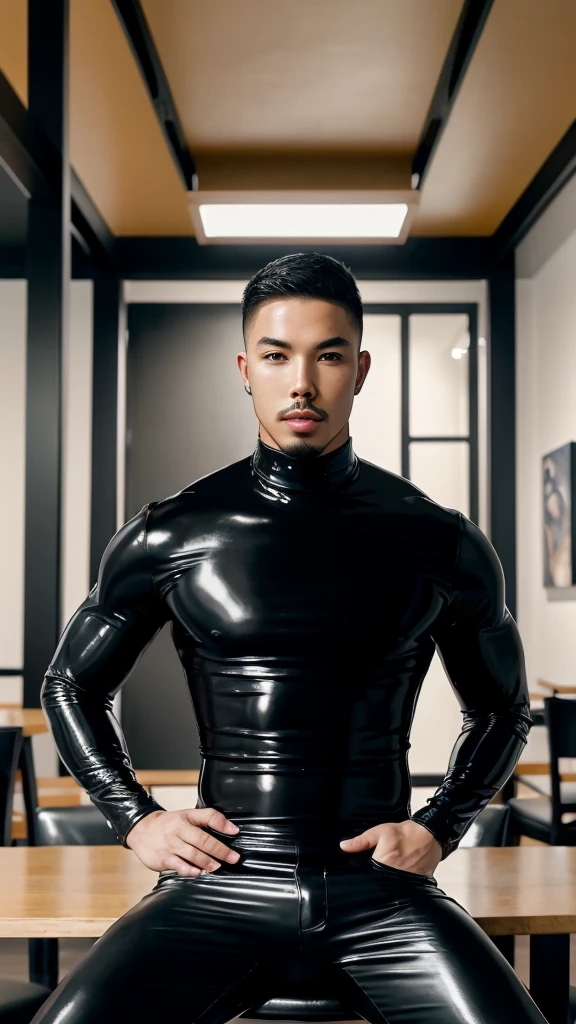 Tony Labrusca, young people, Latex, black tight shirt, studio, matures,Portrait, man, A serious masterpiece, model  , Wide yard, tables, chairs, restaurant