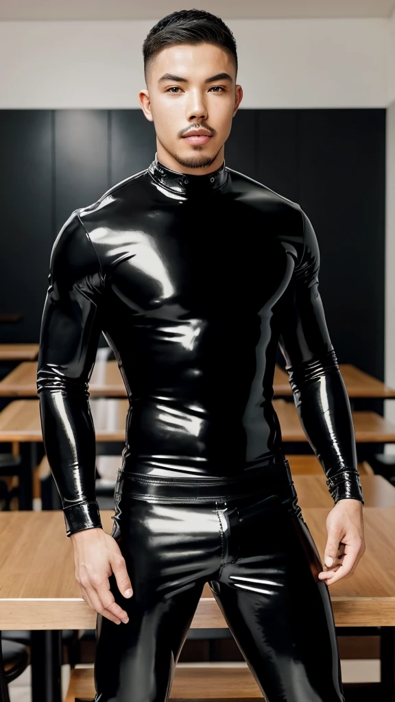 Tony Labrusca, young people, Latex, black tight shirt, studio, matures,Portrait, man, A serious masterpiece, model , Wide yard, tables, chairs, restaurant
