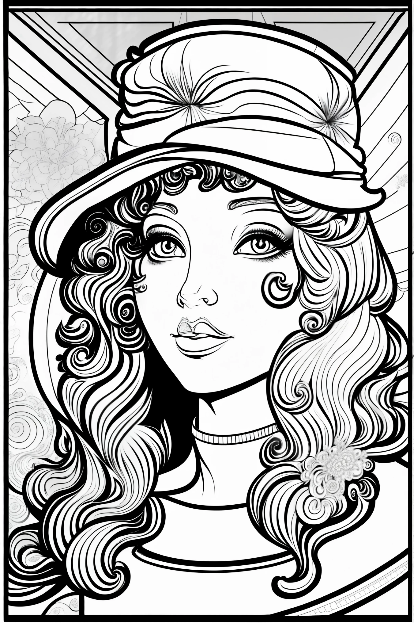 clean black and white only, coloring page for adults, simple cartoon like, beautiful cyberpunk woman, with hat, with beautiful eyes and full curly hair or straight hair, thick lines, low detail, flawless line art, --ar 9:11 ochrome