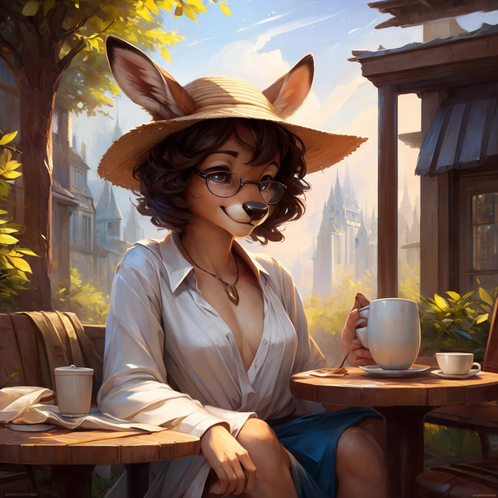 uploaded on e621, by Pixelsketcher, by Bayard Wu, by Thomas Benjamin Kennington , by Einshelm, by hioshiru and kenket, Chunie, portrait, solo anthro female deer doe, tiny featureless breasts, tiny breasts, clear dark blue, cinematic lighting, day, sunny day, sitting outside at a café, café background, french background, old french background, shiny, short curly dark brown hair, short hair, wears big black nerd glasses, very very beautiful furry art, furry art, thoughtful, shiny, feminine, cute face, muzzle, fluffy chest, flawless face, Fallow deer, 1girl, Sakimichan is beautiful, Masterpiece, Wavethesallow Face, shiny, Detailed image, portrait, Detailed image, portrait, wears pure white wide, big blouse, wears beige summer straw hat, shiny, realistic face, perfect anatomy, hourglass body, anthropomorphic deer, happy, very happy, small ears, huge black nerd glasses, wide happy eyes, look at viewer, smiles, big smile, holds big cup of coffee, hourglass body, (furry body:1.1), anthropomorphic deer, small fluffy tail, detailed background, (cute anatomy:1.1), looks into the distance