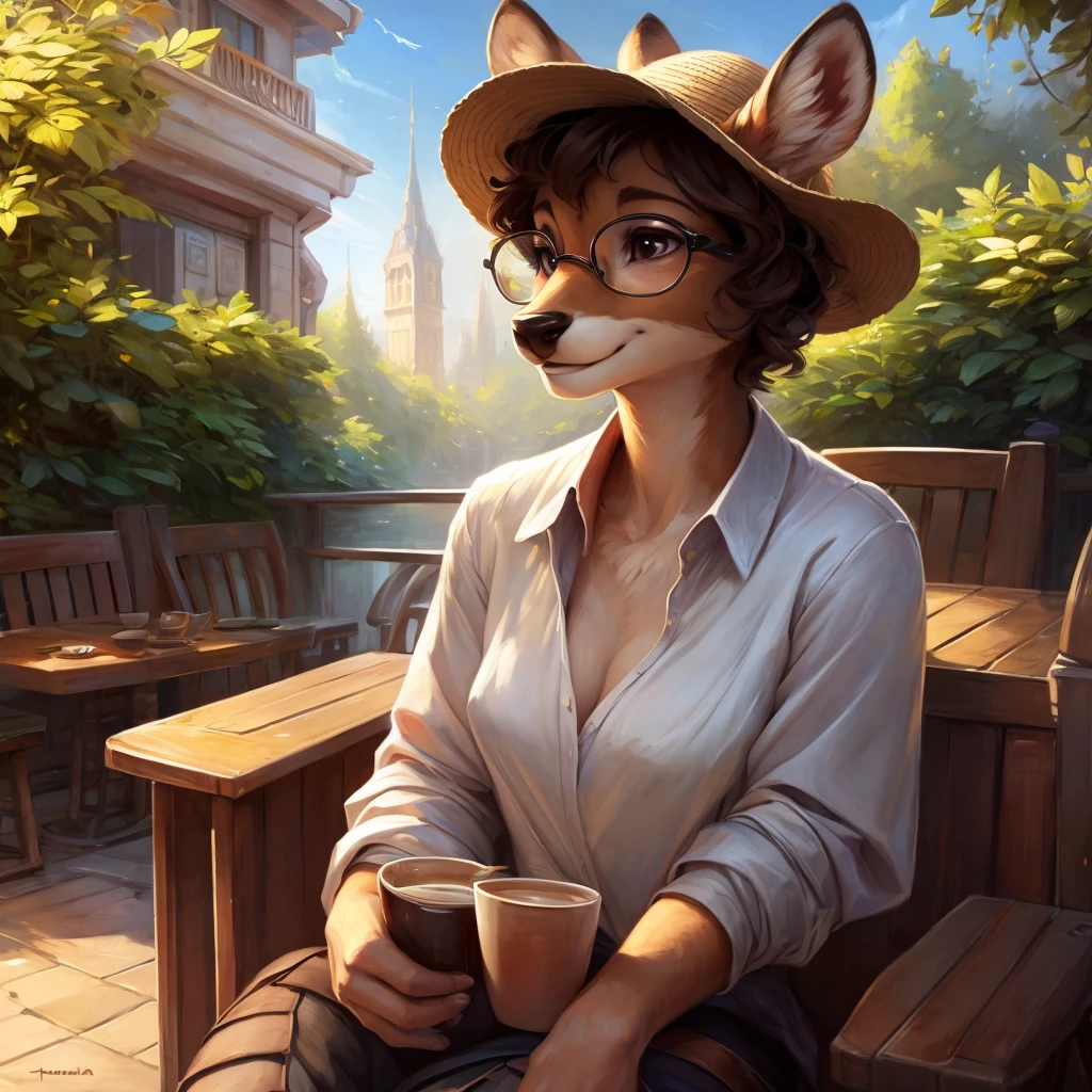 uploaded on e621, by Pixelsketcher, by Bayard Wu, by Thomas Benjamin Kennington , by Einshelm, by hioshiru and kenket, Chunie, portrait, solo anthro female deer doe, tiny featureless breasts, tiny breasts, clear dark blue, cinematic lighting, day, sunny day, sitting outside at a café, café background, french background, old french background, shiny, short curly dark brown hair, short hair, wears big black nerd glasses, very very beautiful furry art, furry art, thoughtful, shiny, feminine, cute face, muzzle, fluffy chest, flawless face, Fallow deer, 1girl, Sakimichan is beautiful, Masterpiece, Wavethesallow Face, shiny, Detailed image, portrait, Detailed image, portrait, wears pure white wide, big blouse, wears beige summer straw hat, shiny, realistic face, perfect anatomy, hourglass body, anthropomorphic deer, happy, very happy, small ears, huge black nerd glasses, wide happy eyes, look at viewer, smiles, big smile, holds big cup of coffee, hourglass body, (furry body:1.1), anthropomorphic deer, small fluffy tail, detailed background, (cute anatomy:1.1), looks into the distance