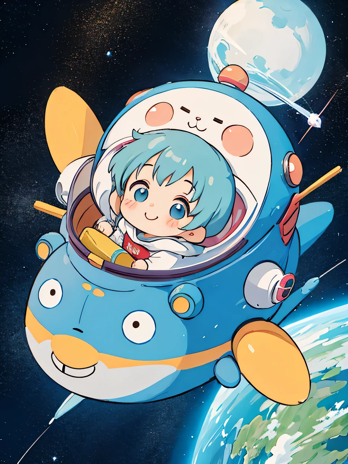 Hayao Miyazaki style、Kawaii Design, The most beautiful girl of all time、chibi, Space Travel, Happy smile, hope