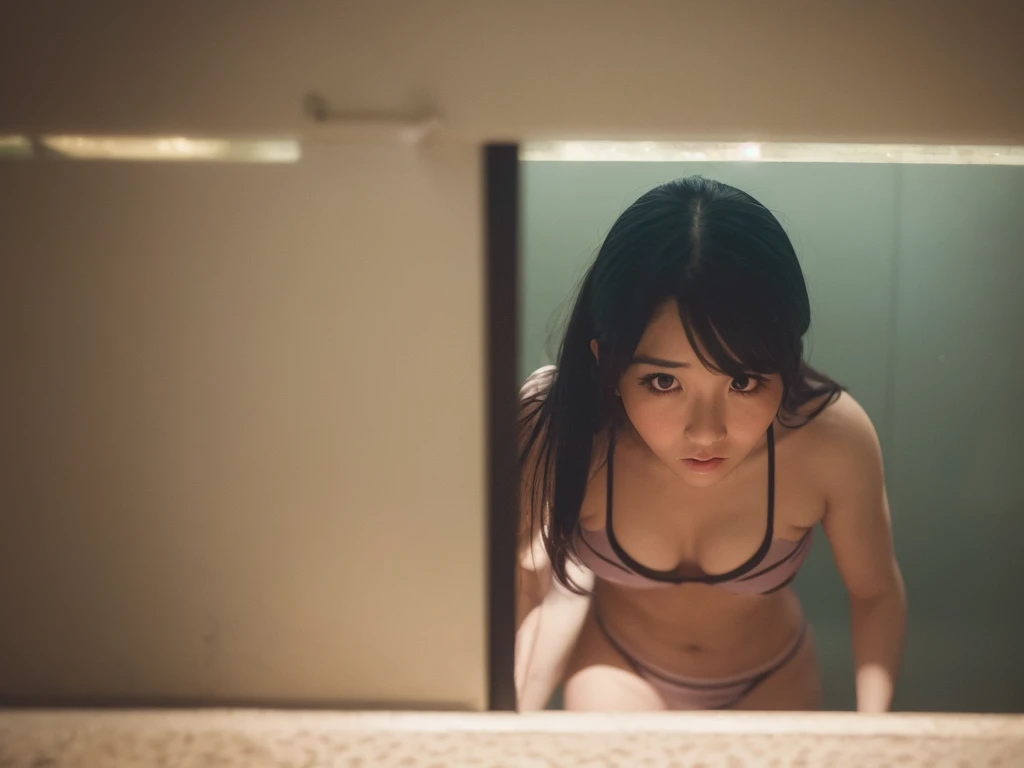 (Peephole view) , Voyeur , (old color negative film) , (soft focus) , (Bokeh:1.1) , mature woman , train , (Activities of daily living) , pan chira , looking away , Scratching the groin , twilight , dim light , panty , sit , spread legs