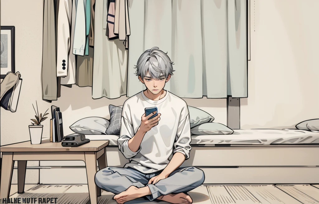 a young man of 17 years old with gray hair is looking at his hands he has a cell phone
