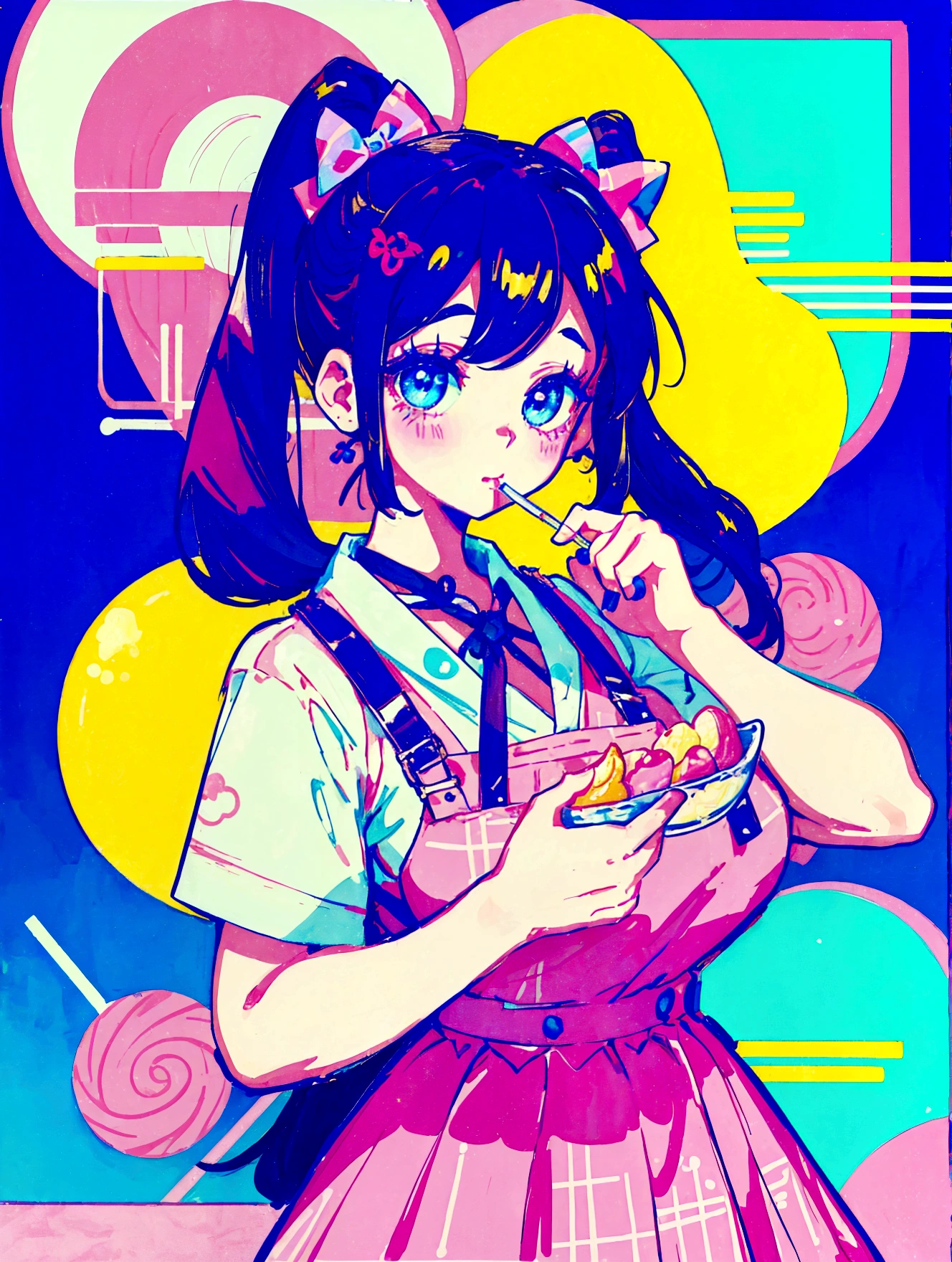 A cute girl，Anime art style，Close-up of face，Big eyes with long eyelashes，Double ponytail hairstyle，The big bow is decorated with colorful plaid，She&#39;s in a retro dessert shop with a vintage neon sign，Holding a giant colorful lollipop，Surrounded by colorful desserts poster。She has blue eyes and fair skin.。She was wearing a suspender skirt，A bow is tied around the neck。Bright colors，Strong contrast，Kawaii punk aesthetic