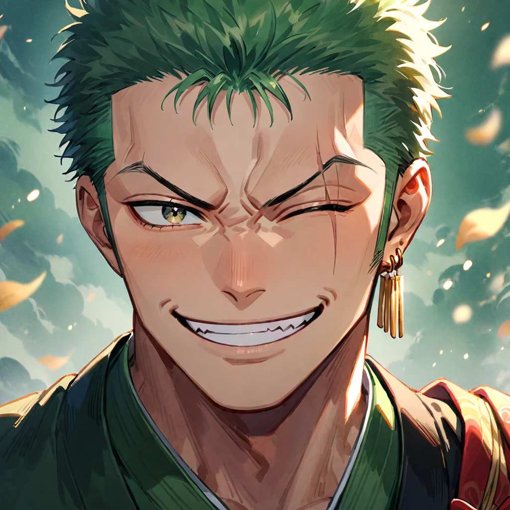 roronoa zoro, male focus, 1boy, smile, green hair, solo, scar across eye, earrings, jewelry, one eye closed, short hair, grin, portrait, japanese clothes, kimono, scar, looking at viewer, sideburns, scar on face, single earring, close up, green kimono, ((medium quality)), ((medium quality))