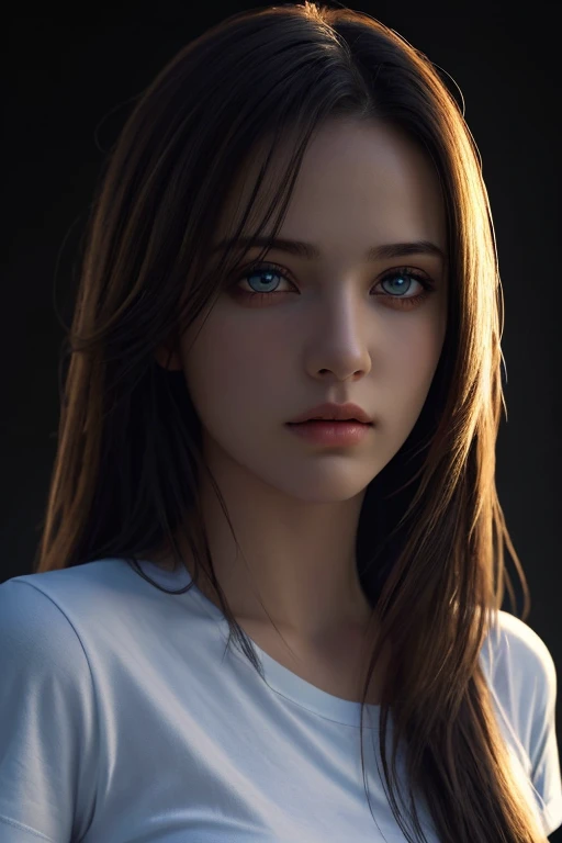 Best quality, masterpiece, ultra high res, (photorealistic:1.37), raw photo, 1girl, long hair, beautifull eyes, beautifull face, detailed eyes and face, t-shirt, dynamic lighting, in the dark, deep shadow, low key, cowboy shot