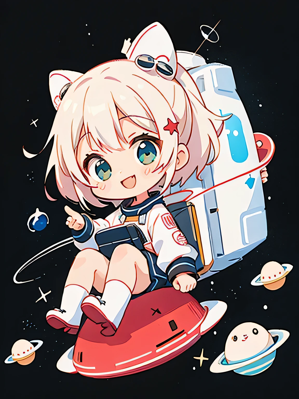 Black Star Red and White style、Kawaii Design, The most beautiful girl of all time、chibi, Space Travel, Happy smile, hope