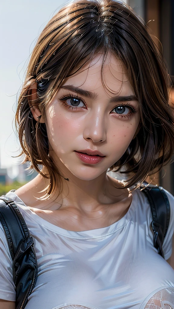 ((Highest quality:1.2)), ((Ultra-high resolution:1.4)), (Realism: 1.4), Depth of written boundary, ((Very beautifully detailed face:1.2)),Beautiful Face, (Purelos Face_v1: 1.0), Half Body,((White simple background)), Front lighting, Intricate details, Exquisite detail and texture, One girl, alone ,(young), Facial highlights, Upper Body, Detailed face,  (((Natural big breasts:1.4))),(((T-Shirts)))