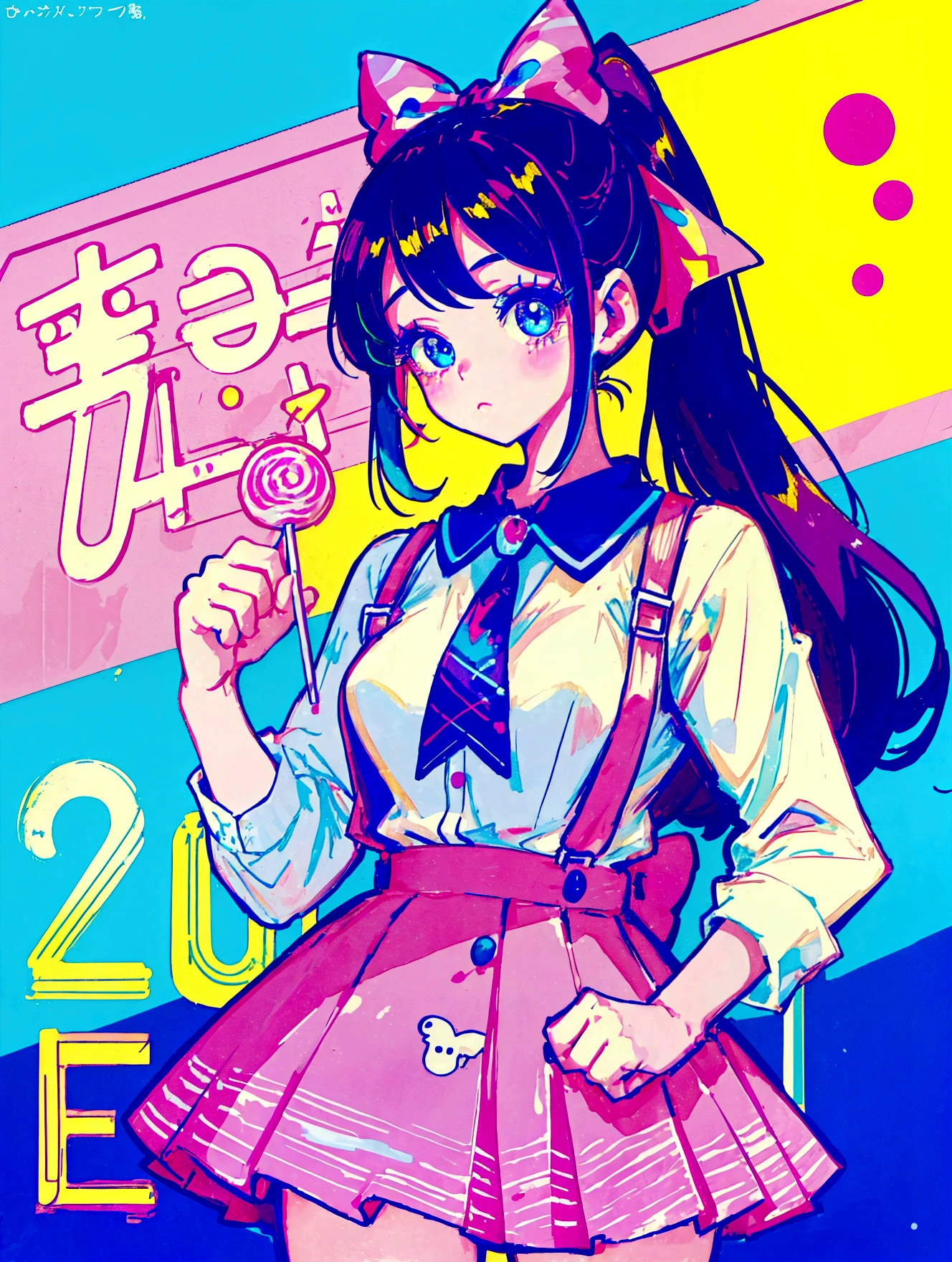 A cute girl,Anime art style,Close-up of face,Big eyes with long eyelashes,Double ponytail hairstyle,The big bow is decorated with colorful plaid,She's in a retro dessert shop with a vintage neon sign,Holding a giant colorful lollipop,Surrounded by colorful desserts poster。She has blue eyes and fair skin.。She was wearing a suspender skirt,A bow is tied around the neck。Bright colors,Strong contrast,Kawaii punk aesthetic