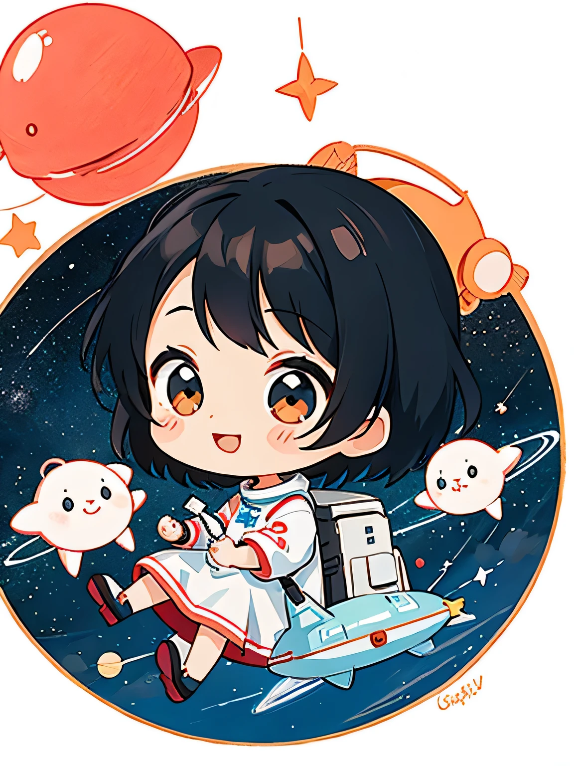 Black Star Red and White style、Kawaii Design, The most beautiful girl of all time、chibi, Space Travel, Happy smile, hope