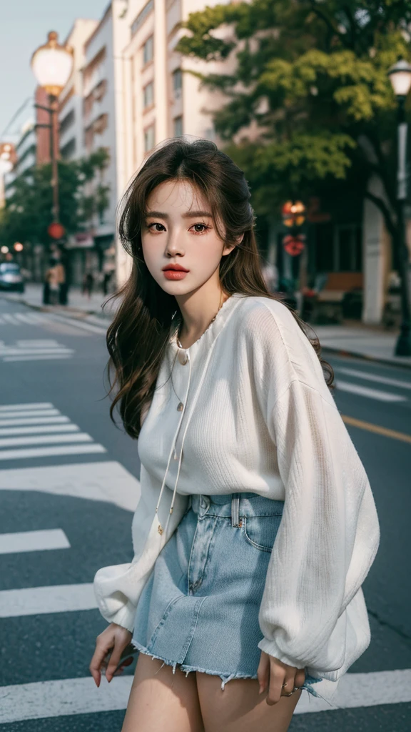 (best quality,16,000,high resolution,masterpiece:1.2),very detailed,(realistic,realistic,realistic:1.37),Korean Fashion Beauty,Japanese and Korean beauties,Cute and innocent,Eyes and face are detailed,beautiful and delicate lips,white teeth,long eyelashes,slime,The clothes are fashionable,shorts short skirts,plump upper circumference,big bust,split,(Beloved,attractive:1.1),colorful street background,stylish clothes and accessories,The texture of the clothes is soft,portrait style photography,vivid colors,Street lamp.