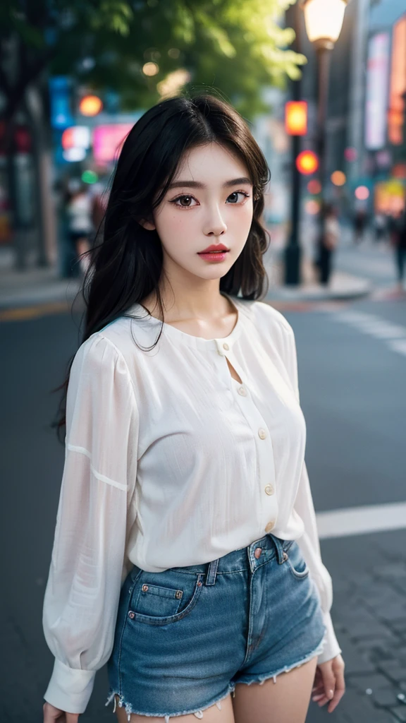 (best quality,16,000,high resolution,masterpiece:1.2),very detailed,(realistic,realistic,realistic:1.37),Korean Fashion Beauty,Japanese and Korean beauties,Cute and innocent,Eyes and face are detailed,beautiful and delicate lips,white teeth,long eyelashes,slime,The clothes are fashionable,shorts short skirts,plump upper circumference,big bust,split,(Beloved,attractive:1.1),colorful street background,stylish clothes and accessories,The texture of the clothes is soft,portrait style photography,vivid colors,Street lamp.
