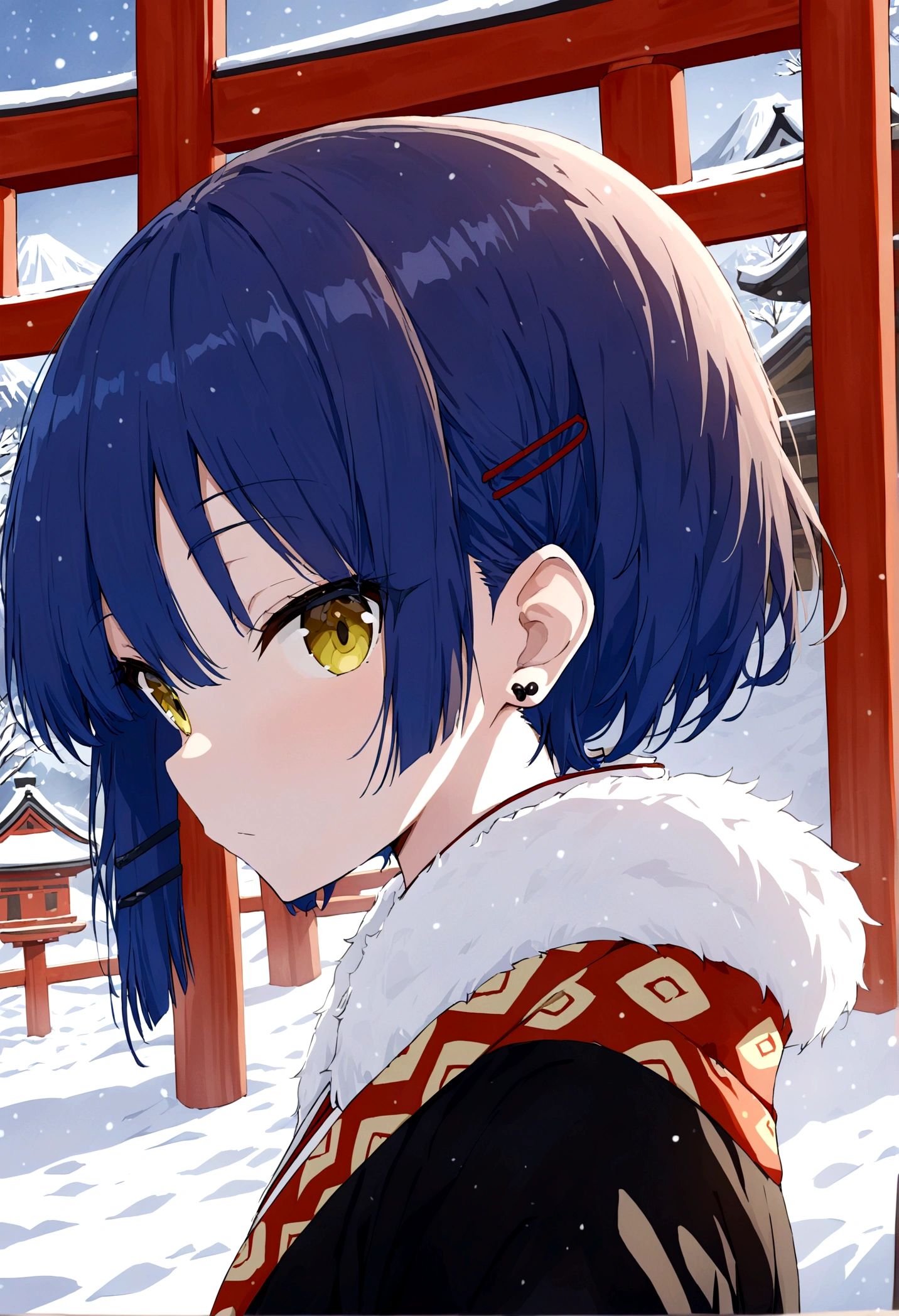 (best quality, highres, masterpiece : 1.4), (flatten art : 0.8), masterpiece, (best quality), 1woman, anime, deep blue hair hair, 2 black hair clip, black pin earring, fair skin, faint yelllow eyes, small sized breast, no expression, (detailed face), (black furisode, fur, warm, intricate red motif), close-up, snow, snowfall, alluring, dynamic angle, eyes to the viewer, (background: Japanese shrine, far mountain range) 