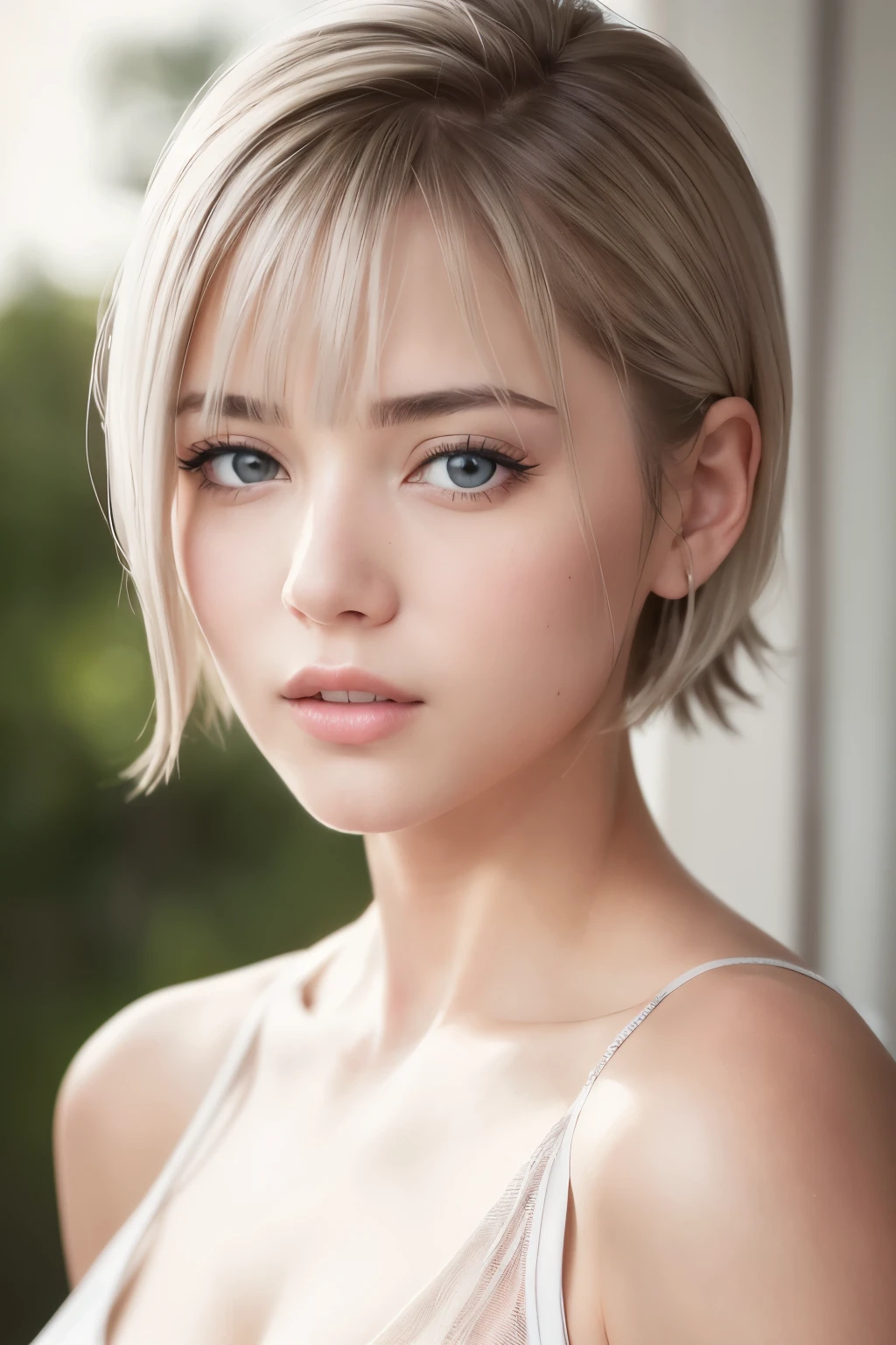 (8K, Realistic, RAW Photos, Highest quality: 1.3), (One Girl), so beautiful, masterpiece、
top-quality、raw、analog style(Realistic Face), (boyish, Silver Color Become familiarrry Shorthair), Become familiarautiful , A brilliance that captivates the viewer, Become familiarautiful expression, Become familiarautiful breasts, (Realistic Skin), Become familiar...