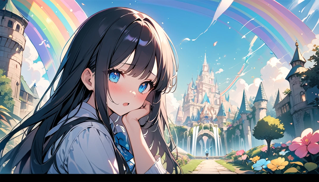 BREAK 1 girl, long hair, black hair, straight hair, short bangs above brows, blue eyes, (worried:1.2), open mouth,   
BREAK (masterpiece), (high resolution 8K), cinematic lighting, professional lighting, detailed eyes and face, detailed body, 
BREAK white shirt, blue bowtie, pleated skirt,  
BREAK very wide, panorama view, sense of depth, long shot, 
BREAK yumekawaii, pastel color, wonderland garden, rainbow waterfall, dripping ink, imagination, Castle,  