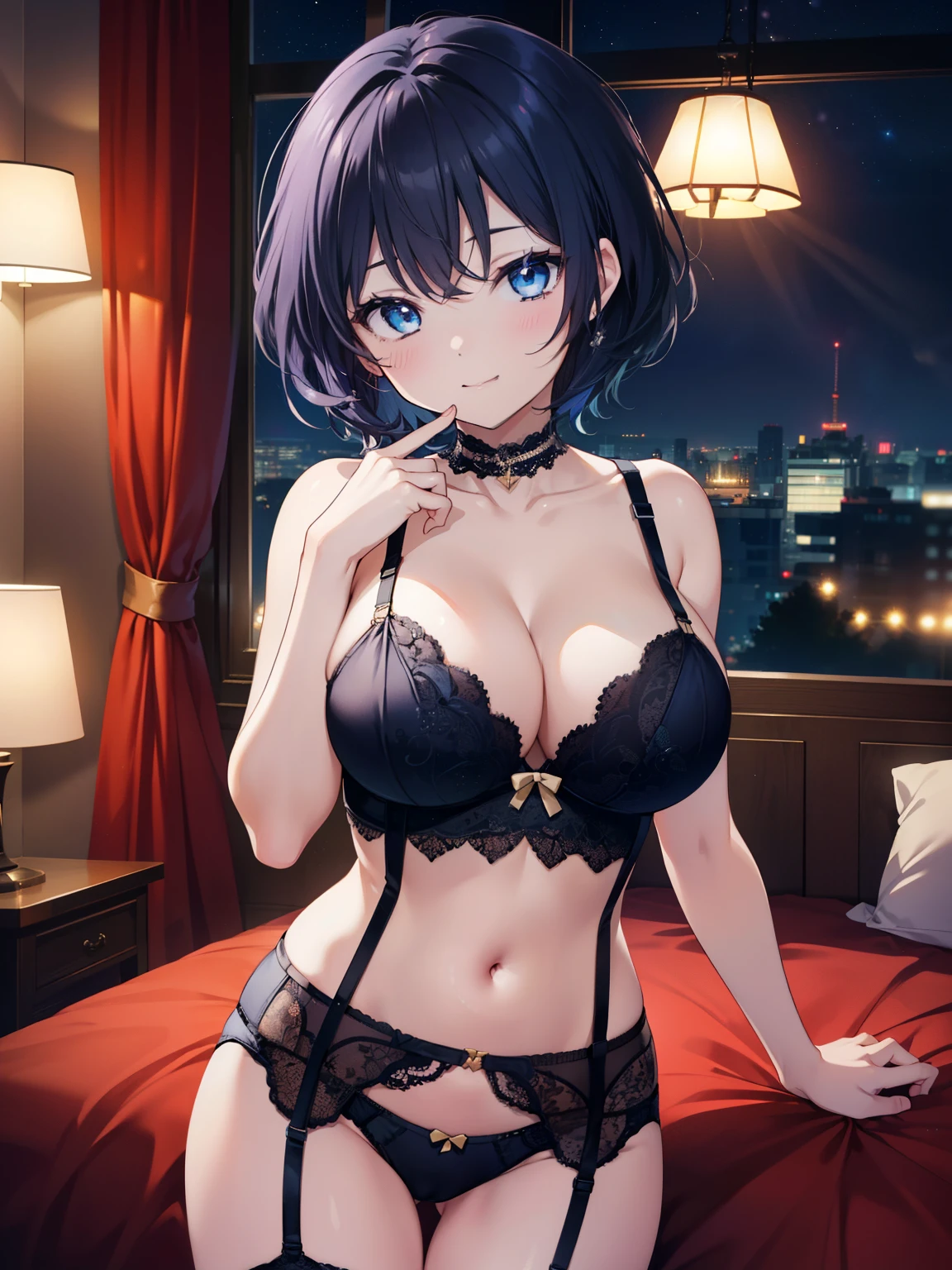 ((Highest quality, High resolution,  Perfect Pixel,  4K)),  (Beautiful Anime Girls), Depth of written boundary、
looking at viewer, 

(Big Breasts:1.3)、 
short hair,
Navy Blue Hair、blue eyes、
 
add more, 

smile、
(Black lace garter belt underwear)、Cleavage、belly button、
night、Hotel、night景、(dark:1.5)、No lighting、