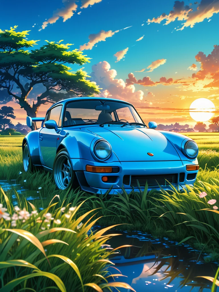 anime landscape of A pearl smurfs blue classic RUF CTR3 sits in a field of tall grass with a sunset in the background.beautiful anime scene, beautiful anime peace scene, Makoto Shinkai Cyril Rolando, beautiful anime scene, amazing wallpaper, anime art wallpaper 8k, anime background, artistic anime background, anime wallpaper 4k, anime art 4k wallpaper, anime wallpaper art 4k,