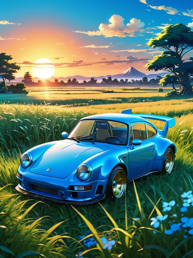 anime landscape of A pearl smurfs blue classic RUF CTR3 sits in a field of tall grass with a sunset in the background.beautiful anime scene, beautiful anime peace scene, Makoto Shinkai Cyril Rolando, beautiful anime scene, amazing wallpaper, anime art wallpaper 8k, anime background, artistic anime background, anime wallpaper 4k, anime art 4k wallpaper, anime wallpaper art 4k,