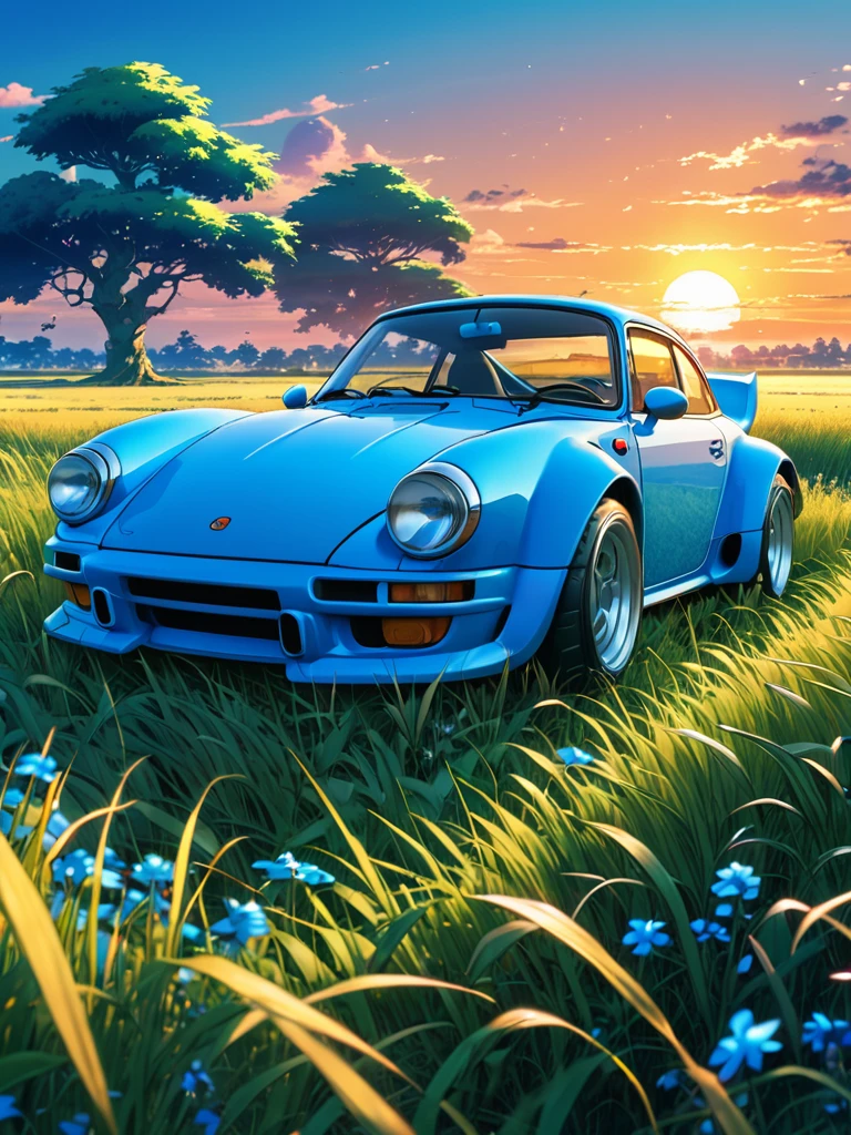 anime landscape of A pearl smurfs blue classic RUF CTR3 sits in a field of tall grass with a sunset in the background.beautiful anime scene, beautiful anime peace scene, Makoto Shinkai Cyril Rolando, beautiful anime scene, amazing wallpaper, anime art wallpaper 8k, anime background, artistic anime background, anime wallpaper 4k, anime art 4k wallpaper, anime wallpaper art 4k,