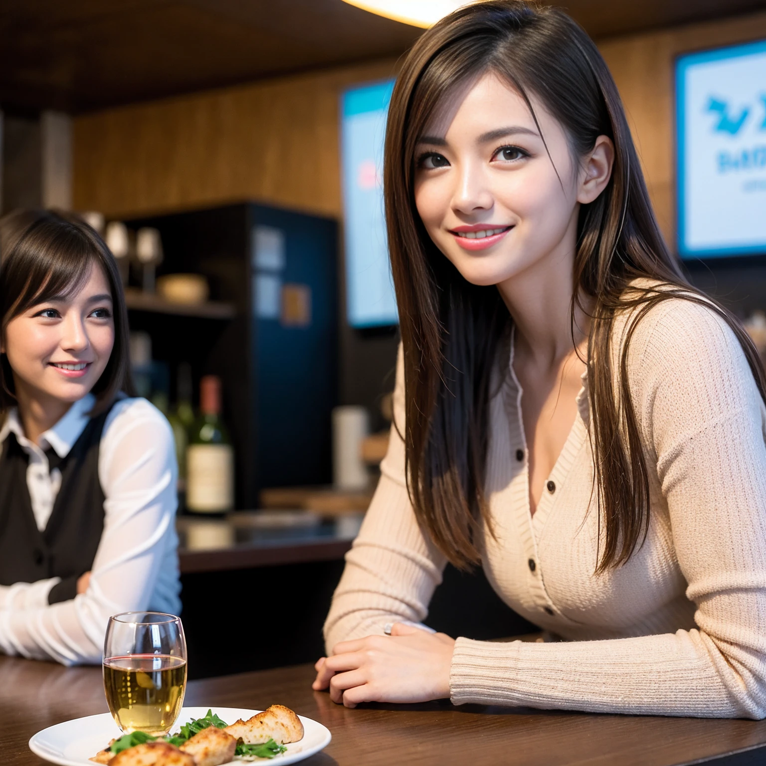 ((Highest quality、8K、masterpiece:1.3))、1 male 1 female、美女Couple、Pink Lover、Couple、The body is slim、((Bob Hale、Straight hair:1.2)), (Realistic, Intricate details:1.2), テーブルの上のwine glass、Put the light on your face、 Amazing view of the sunset sky and clouds、Amazing mountain views、A bright smile、The wonderfulness of smile、Bright image、The beauty of wine, Beautiful Face, blue eyes, The light shines on your face, Blushing, short hair,Bright Face、 (Age 37), 39 years old, red wine 、Appetizers、Italian food、Wine bottle、Champagne、sparkling wine、Two beauties、Brown Hair、Shortcuts、Long sleeve shirt、dress、Beautiful woman 1, (slimな顔), (The body is slim), (Brown Hair), (Shortcuts), cheeks turn a little red,Attractive beauty、restaurant, In a prominent place (From the waist up) Nova Frog Style, actress, model, Upper Body, White wine, slim, wine glass, 中央に置かれたwine glass, smile, (smile: 1.15), Beautiful fine grain, Depth f/2,saturation, High Contrast, Strong light and shadow,Moist Body:1.5、3D texture、Delicate eyes、Brown Hair、The hair is very shiny、