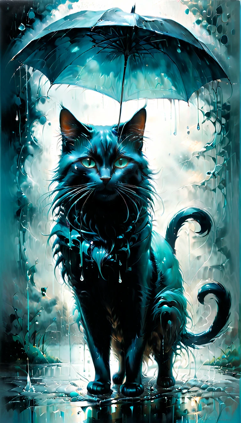 a black cat in the rain, in the style of jim manfood, light gold and sky-blue, aron wiesenfeld, soggy, jon mcnaught, muted colors, light brown and dark aquamarine