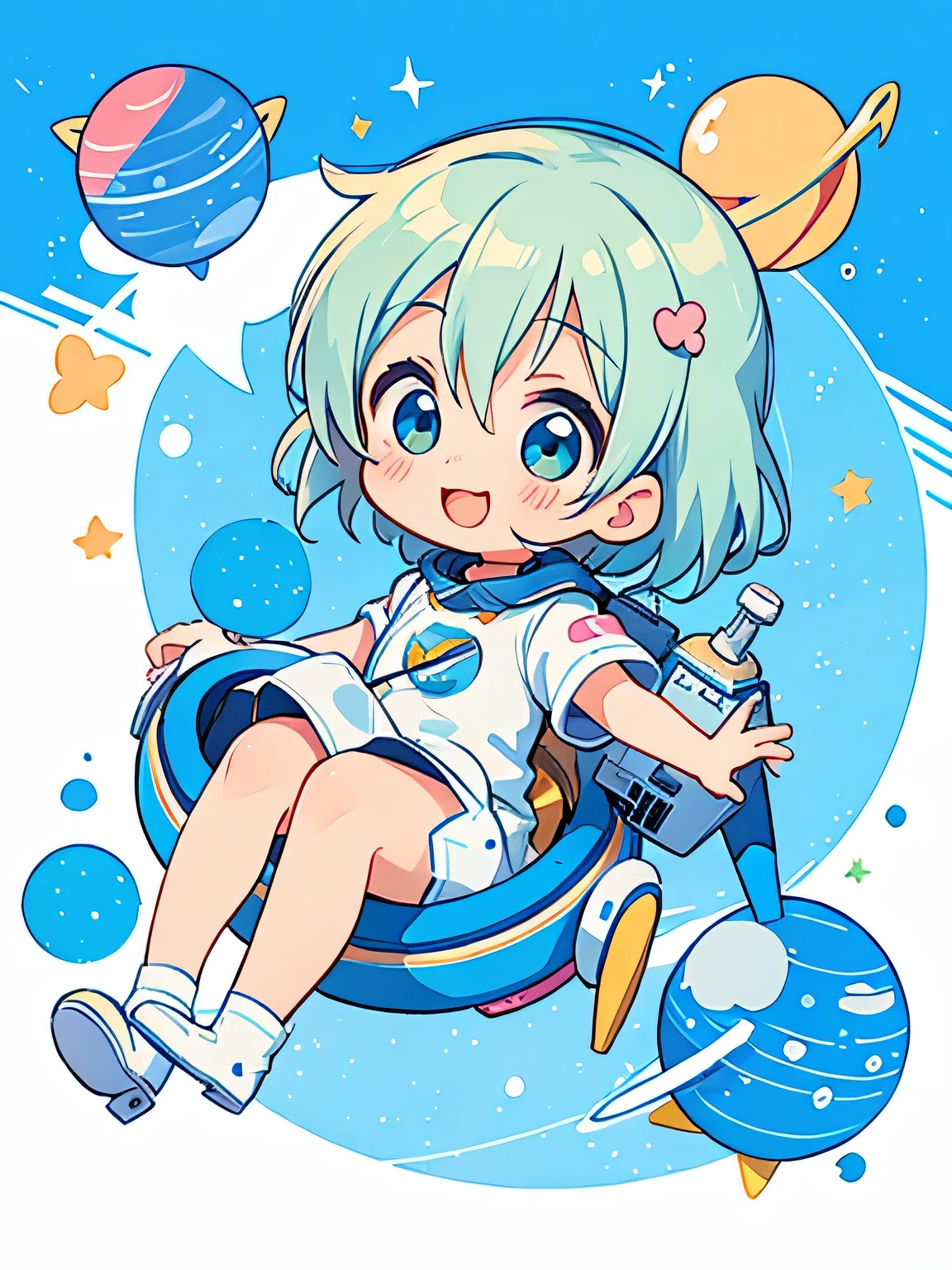 Mika Pikazo style、Kawaii Design, The most beautiful girl of all time、chibi, Space Travel, Happy smile, hope