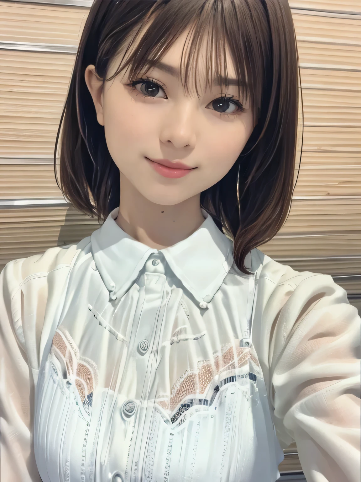 raw photo, 1girl, cute face, beautiful face, medium breast, collared blouse, White blouse, light smile, Upper body, detailed skin, pore, simple background, frontal face, wallpaper, photorealistic, anatomically correct, masterpiece, best quality, UHD,Masterpiece