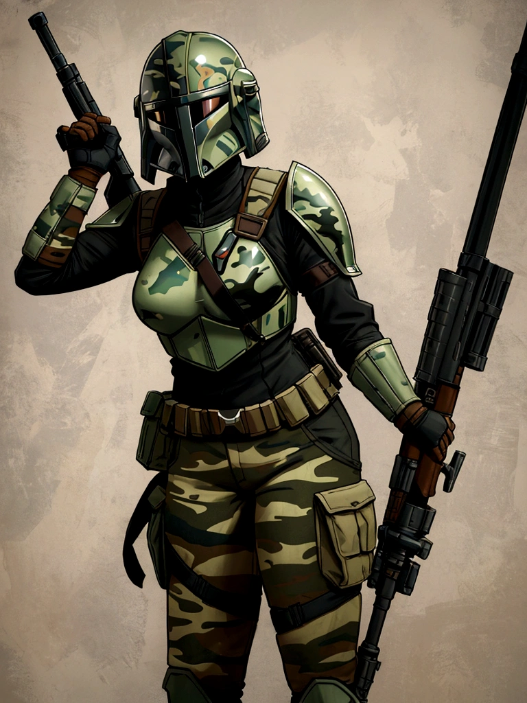 Mandalorian female, Mandalorian girl, Mandalorian helmet, reinforced helmet, shorts, action pose, camo, camouflage, camo armor, firearm, weapon, rifle