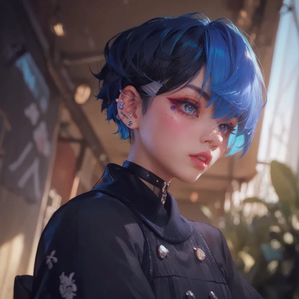 high quality,Black Hair、young 、short hair、Blue inner hair color mesh、Piercings in both ears、Neutral Facial Features、