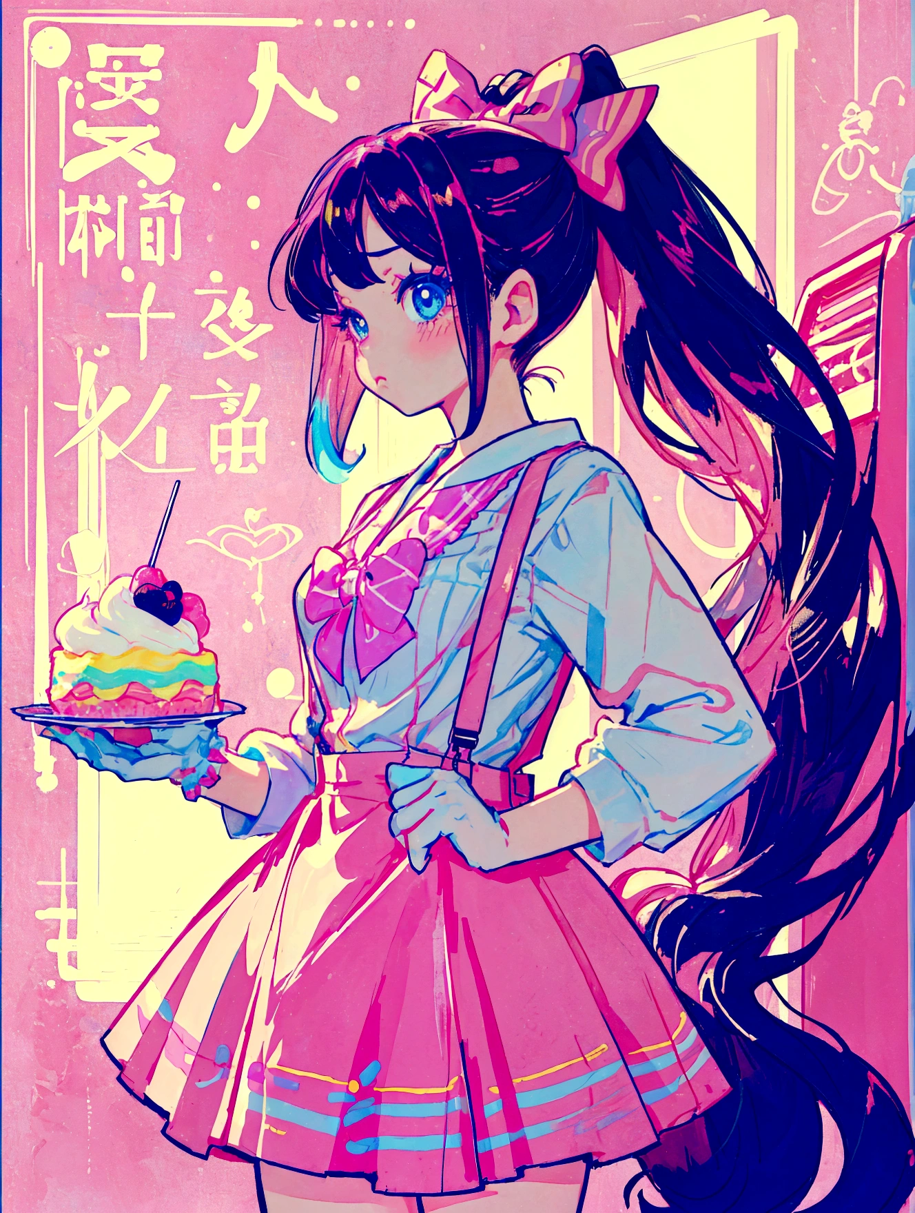 A cute girl，Anime art style，Close-up of face，Big eyes with long eyelashes，Double ponytail hairstyle，The big bow is decorated with colorful plaid，Extra large colorful lollipop，She&#39;s in a retro dessert shop with a vintage neon sign，Surrounded by colorful desserts poster。She has blue eyes and fair skin.。She was wearing a pink suspender skirt，A bow is tied around the neck，****ta，Bright colors，Strong contrast，Kawaii punk aesthetic