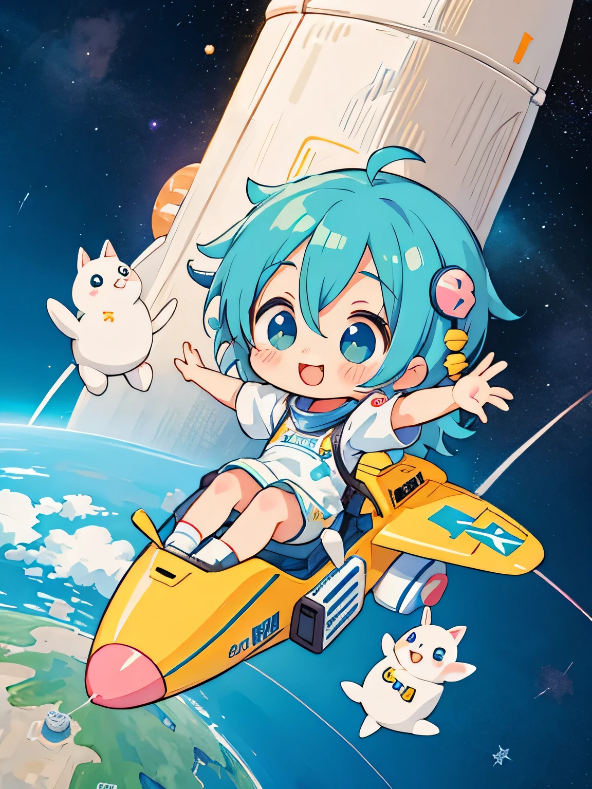Mika Pikazo style、Kawaii Design, The most beautiful girl of all time、chibi, Space Travel, Happy smile, hope