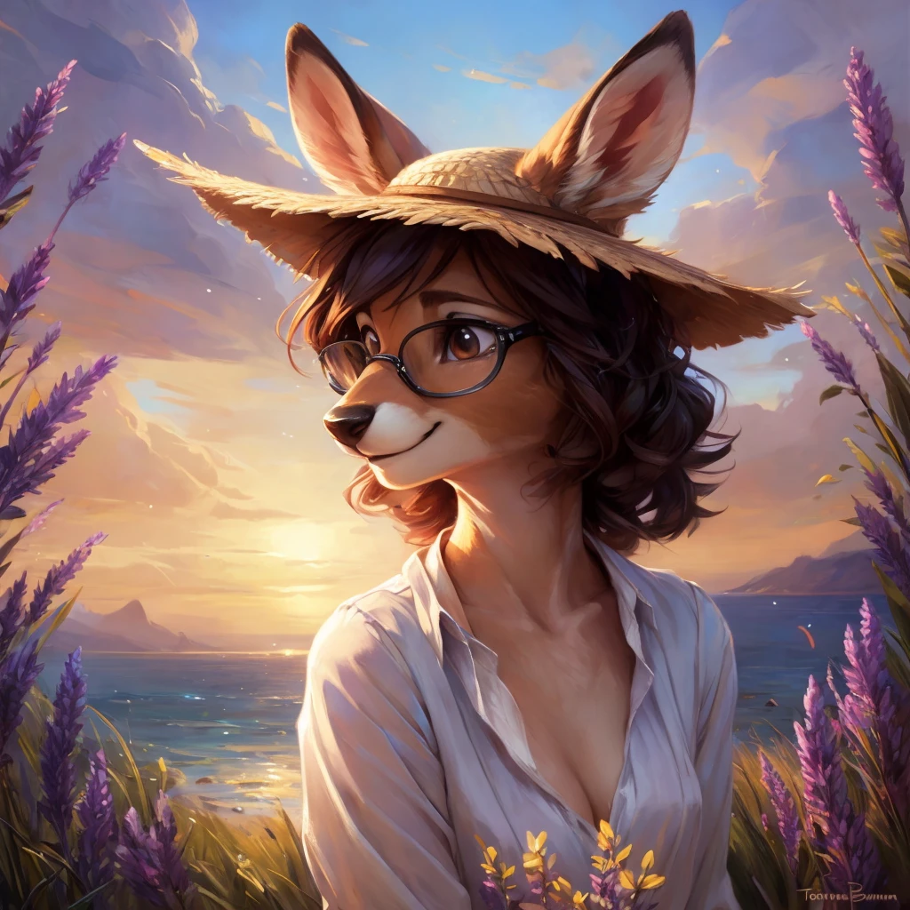 uploaded on e621, by Pixelsketcher, by Bayard Wu, by Thomas Benjamin Kennington , by Einshelm, by hioshiru and kenket, Chunie, portrait, solo anthro female deer doe, with small featureless breasts, clear dark blue, cinematic lighting, day, sunny day, lavender field, stays in the sea, sea background, mediterranean background, horizon background, shiny, short curly dark brown hair, wears big black nerd glasses, very very beautiful furry art, furry art, smiling, joyful, shiny, happy, feminine, cute face, muzzle, fluffy chest, flawless face, Fallow deer, 1girl, Sakimichan is beautiful, Masterpiece, Wavethesallow Face, shiny, Detailed image, portrait, Detailed image, portrait, full body, wearing wide, long, white blouse, wearing big and wide beige summer straw hat, shiny, realistic face, perfect anatomy, hourglass body, (furry body:1.1), anthropomorphic deer, looks at the viewer, small fluffy tail, detailed background, (cute anatomy:1.1), windy