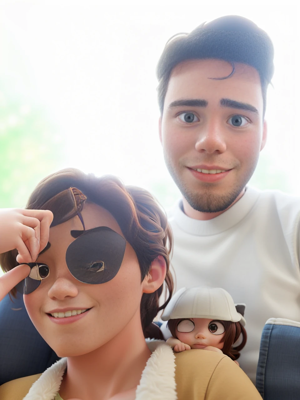 A couple with their daughter on their lap. Natural lighting, me a p
