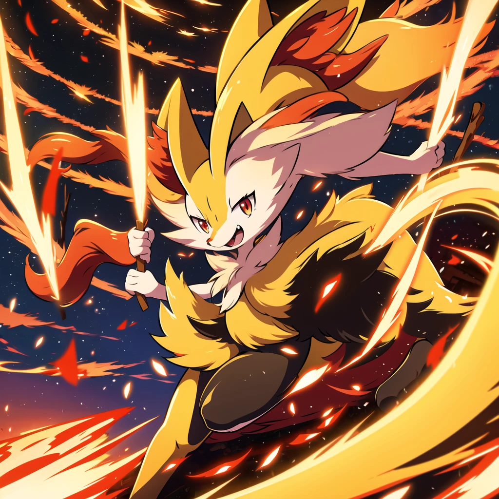 anime, 1girl, masterpiece, best quality, braixen, pokemon, yellow fox, detailed, short muzzle, fluff ears, [red eyes], detailed eyes, outside, stadium, running, daylight, anatomically correct, stance, furry, stick, fluffy tail