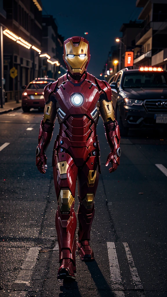 A 3 year old iron man boy without a head covering is walking , background of a nighttime highway and a burning car, real photo, professional photo, realistic photo, clear photo, full HD, 4k 