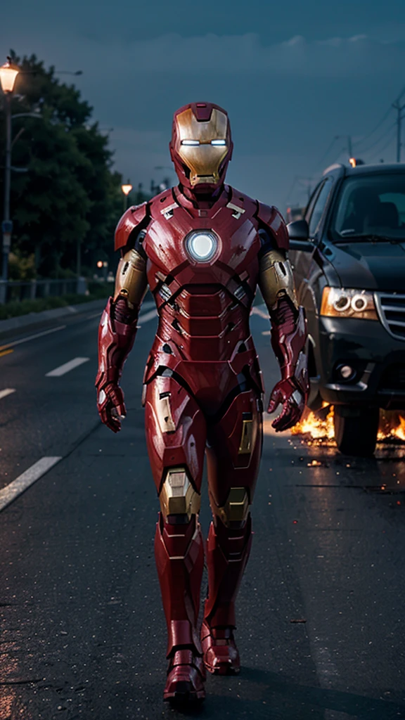 A iron man boy without a head covering is walking , background of a nighttime hway and a burning car, real photo, professional photo, realistic photo, clear photo, full HD, 4k