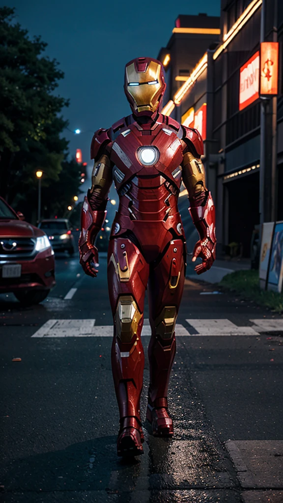 A 3 year old iron man boy without a head covering is walking , background of a nighttime highway and a burning car, real photo, professional photo, realistic photo, clear photo, full HD, 4k
