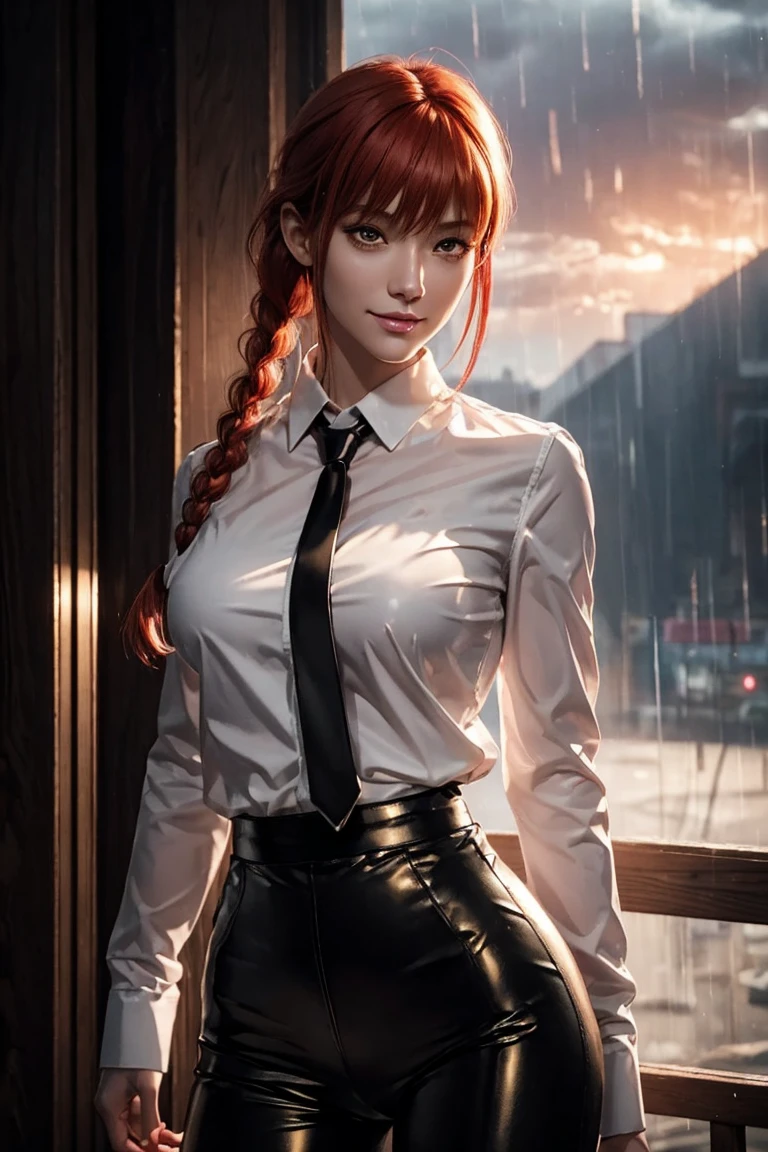 Chainsaw Man,Makima,With bangs,Red Hair,Braids at the back,Golden Eyes,White long sleeve shirt,Black tie,Black Leather Pants,Ultra HD,super high quality,masterpiece,Digital SLR,Photorealistic,Detailed details,Vivid details,Depicted in detail,A detailed face,Detailed details,Super Detail,Realistic skin texture,Anatomical basis,Perfect Anatomy,Anatomically correct hand,Anatomically correct fingers,Complex 3D rendering,Sexy pose,Rainy Sky,Beautiful scenery,Fantastic rainy sky,Picturesque,Pink Lips,smile,