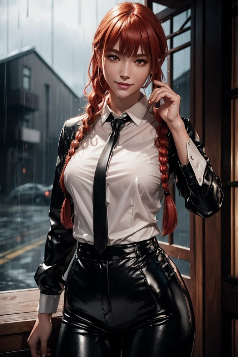 Chainsaw Man,Makima,With bangs,Red Hair,Braids at the back,Golden Eyes,White long sleeve shirt,Black tie,Black Leather Pants,Ultra HD,super high quality,masterpiece,Digital SLR,Photorealistic,Detailed details,Vivid details,Depicted in detail,A detailed face,Detailed details,Super Detail,Realistic skin texture,Anatomical basis,Perfect Anatomy,Anatomically correct hand,Anatomically correct fingers,Complex 3D rendering,Sexy pose,Rainy Sky,Beautiful scenery,Fantastic rainy sky,Picturesque,Pink Lips,smile,