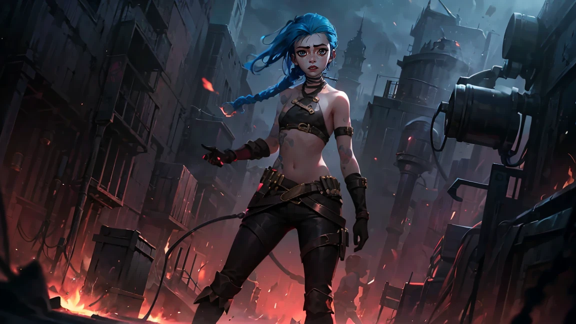 (masterpiece, Best quality), 1 girl, portrait, very sexy, crazy look, smile, crying, pink tears, tears on the cheeks, tears from eyes, full length (full body 1.1.), очень feminine, fighting stance, battle, fire, explosions, burning city, Beautiful waist, gloomy composition, flame, fire, Flash, very beautiful, feminine, long hair, hair braided in long braids, very sexy, tight leather pants, emphasis on the eyes, face accent, Beautiful face, Hands, Hair, Haired ponytail, red purple eyes, Джинкс crying, Blue cloud tattoo, (masterpiece, Best quality), Side lighting, beautiful detailed eyes, crazy face), (Best quality), (masterpiece), magic photography, Spectacular lighting, Photorealism, ultra detailed, интимная portraitная композиция, 1. 4,8 k UHD, aesthetic, Cd., A high resolution, 8 k, better lighting, Best shade, Ultra-HD, A high resolution, sharp focus, Complex background, Cinematic lighting, ((Landscape view)), 4K block, (better lighting), ((Cinematic lighting)),