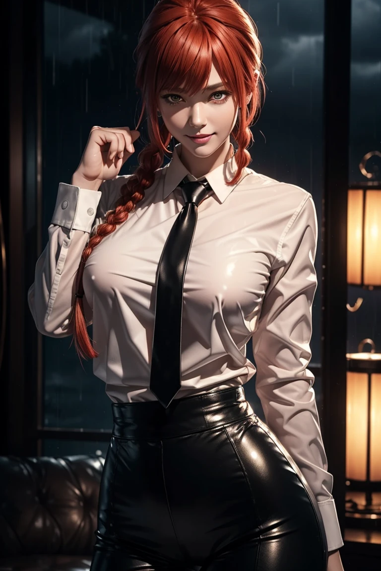 Chainsaw Man,Makima,With bangs,Red Hair,Braids at the back,Golden Eyes,White long sleeve shirt,Black tie,Black Leather Pants,Ultra HD,super high quality,masterpiece,Digital SLR,Photorealistic,Detailed details,Vivid details,Depicted in detail,A detailed face,Detailed details,Super Detail,Realistic skin texture,Anatomical basis,Perfect Anatomy,Anatomically correct hand,Anatomically correct fingers,Complex 3D rendering,Sexy pose,Rainy Sky,Beautiful scenery,Fantastic rainy sky,Picturesque,Pink Lips,smile,