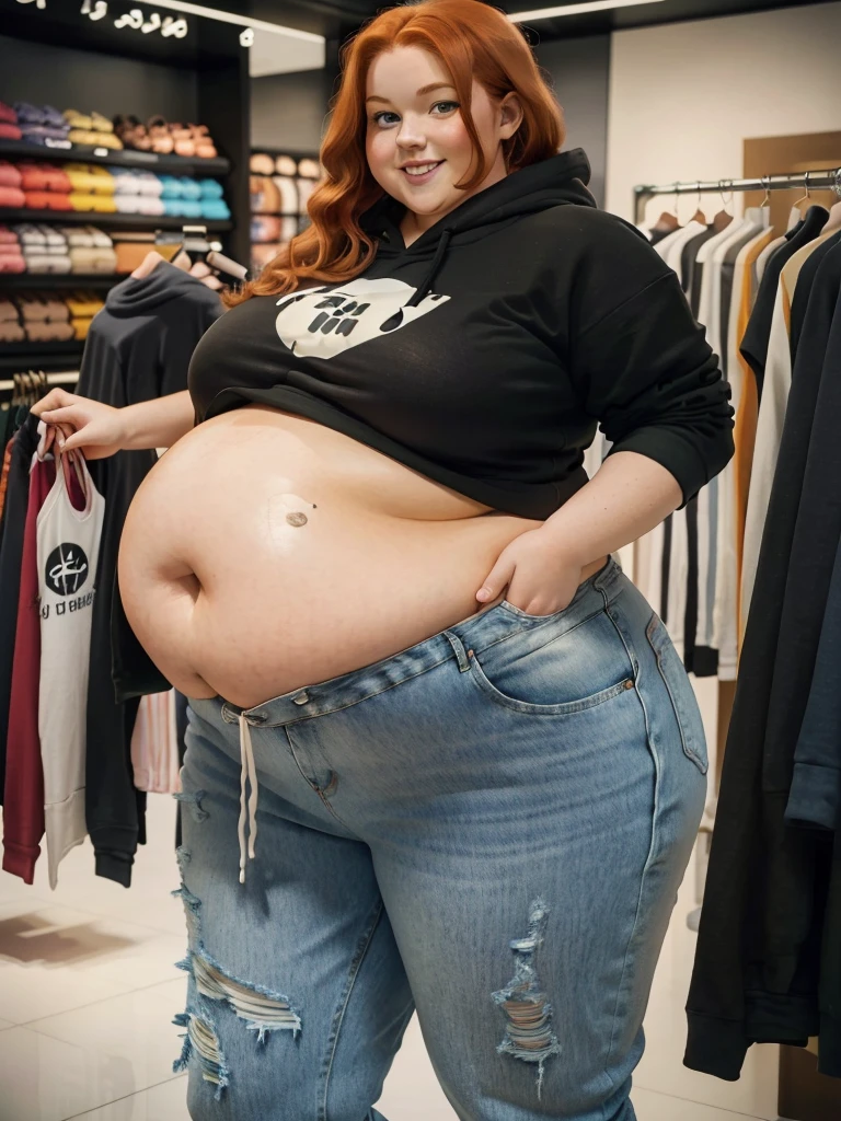 A happy photo of a young cute redhead bbw with long wavy ginger hair, huge soft fat belly, wide fat obese hips, thick fat legs and fat arms, cute pretty face, small breasts, blue eyes, freckles, in a cute simple tight black hoodie with, and long ripped jeans trousers, shopping new hoodies in a clothes shop