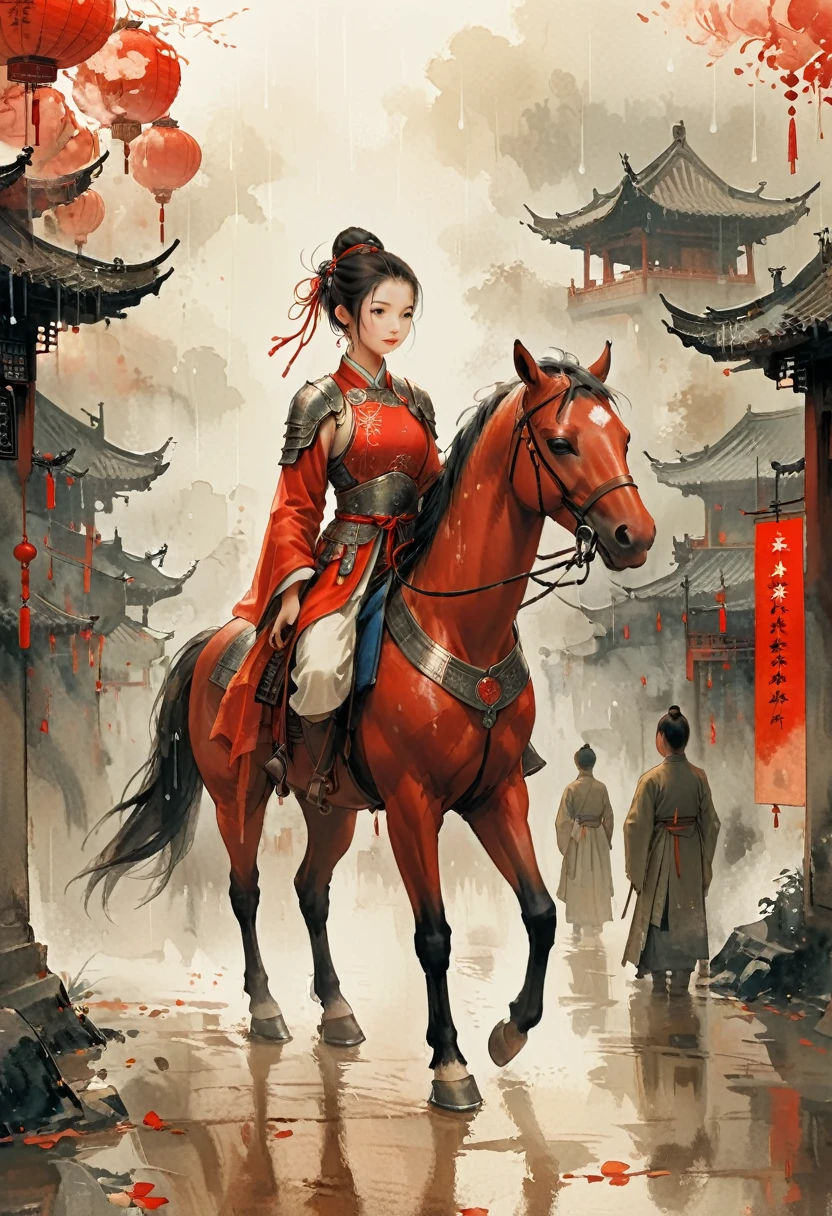 There is light rain under the sky, with elegant colors.A young ancient Chinese girl, with her hair tied up high, dressed in red and ancient armor, leading a horse, the background is the lively fair,the big scene, the big scene,Atmospheric , in style of faint watercolor