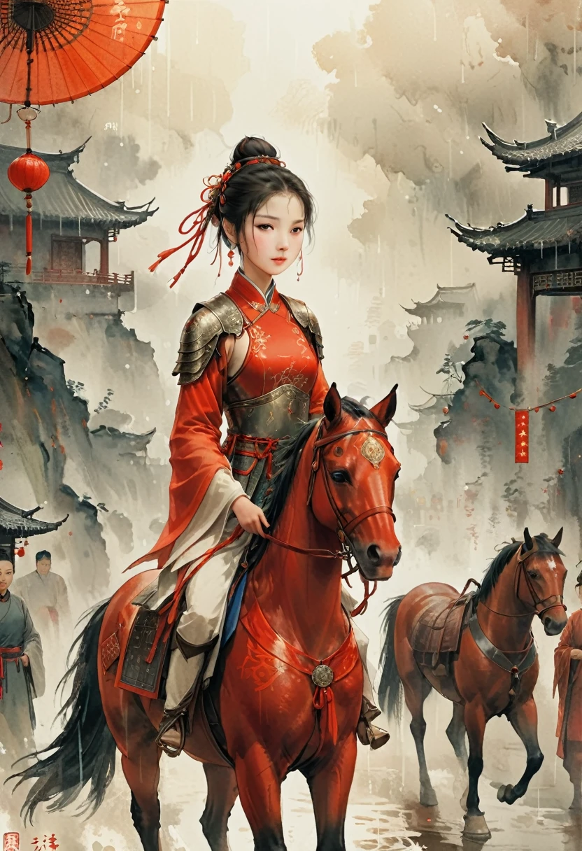 There is light rain under the sky, with elegant colors.A young ancient Chinese girl, with her hair tied up high, dressed in red and ancient armor, leading a horse, the background is the lively fair,the big scene, the big scene,Atmospheric , in style of faint watercolor
