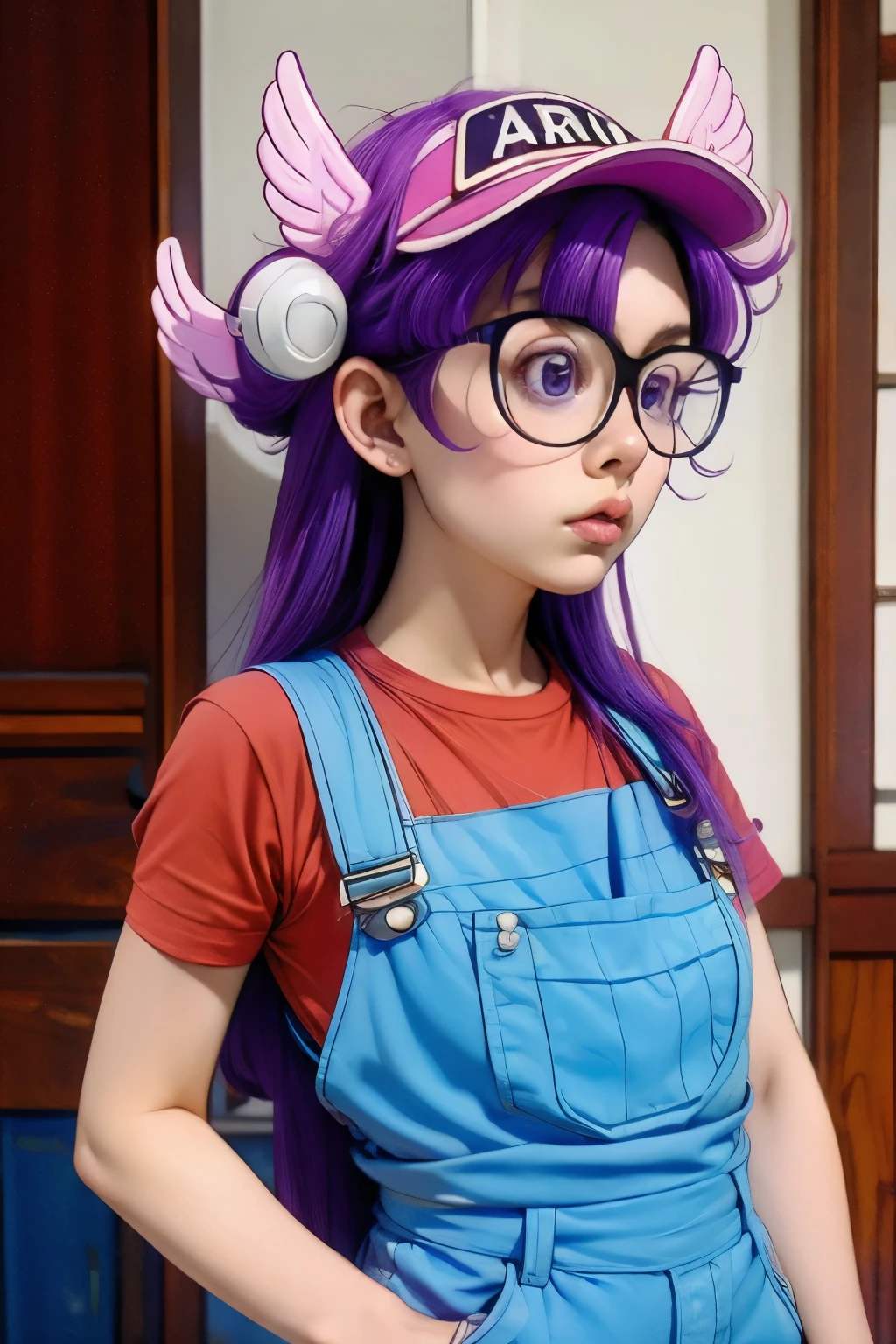 arale, glasses, blue eyes, long hair,purple hair, short sleeves, wing hat, wing cap, red shirt, blue overalls