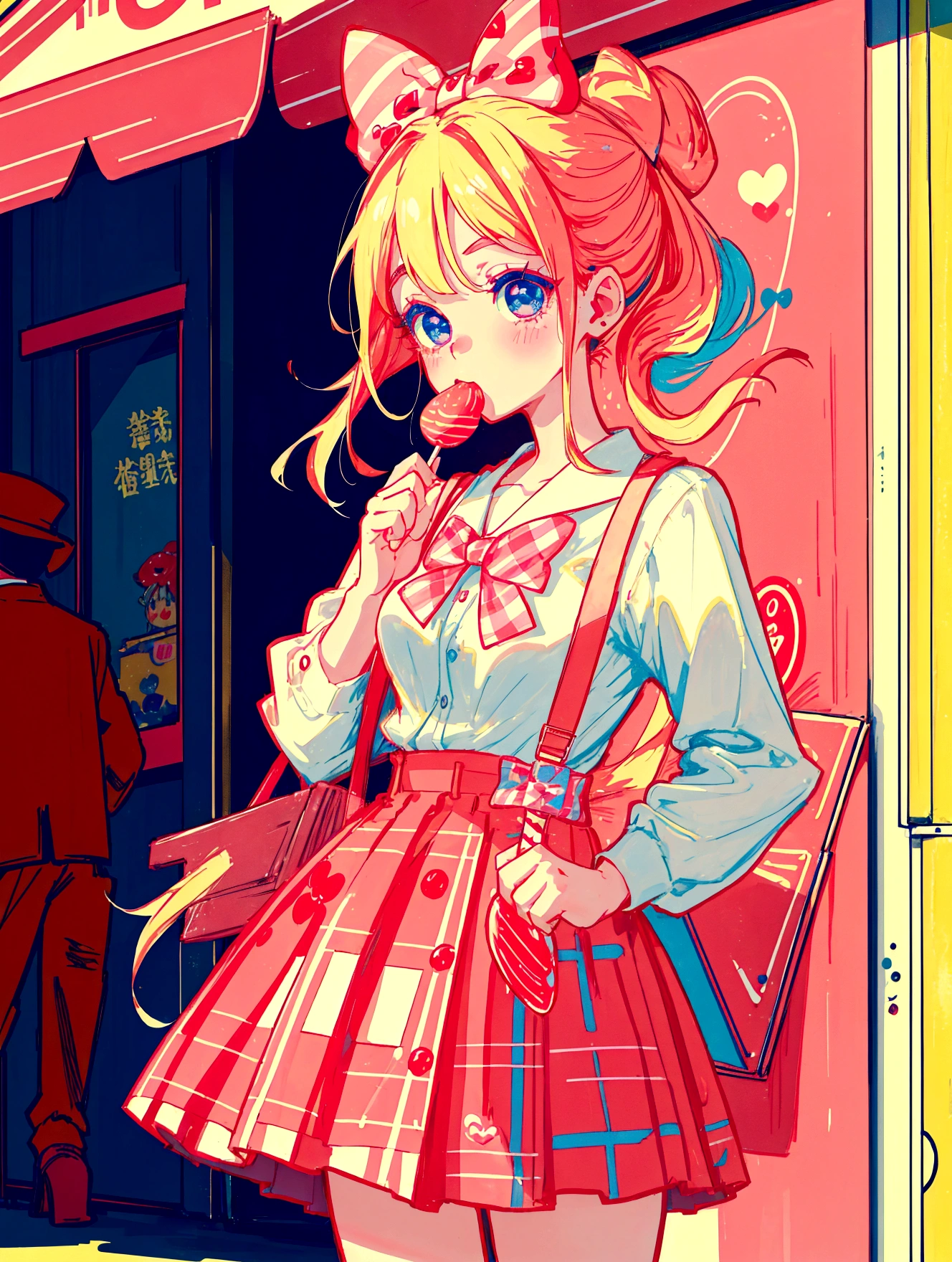 A cute girl，Anime art style，Head close-up，Big eyes with long eyelashes，Hair tied at the back，A big bow adorns a red and white box，She eats a lollipop in a retro dessert shop with a vintage neon sign，Surrounded by colorful desserts poster。She has blue eyes and fair skin.。She was wearing a red and white plaid suspender skirt，A bow is tied around the neck。Bright colors，Strong contrast，Kawaii punk aesthetic