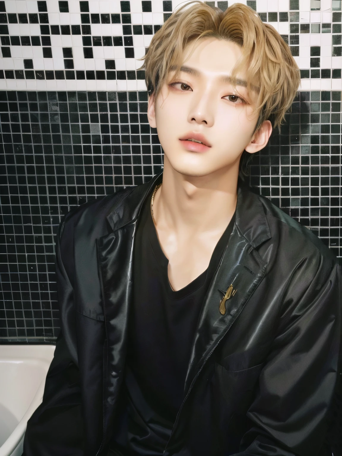 there is a man in a black jacket sitting in a bathroom, cai xukun, hyung tae, jinyoung shin, mark lee, Portrait of Blackpink's Jossi, taken in the early 2020s, kim doyoung, ten reads, everyone from the nct group, with short hair, jungkook, kim taejin, young pale angel, key still