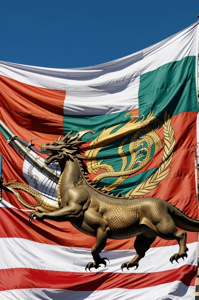 Un dragon tenant la flamme olympique, un taureau, les anneaux olympiques, le drapeau du pays basque, un VT4 militaire français